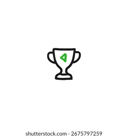 Dibujo de contorno negro simple de un trofeo con un símbolo de juego de triángulo verde