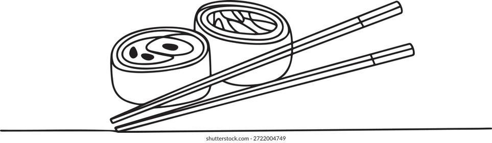 Simple black outline drawing of two pieces of maki sushi rolls served with chopsticks ready for eating. Japanese cuisine illustration for restaurant menu or food related design.