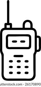 A simple black outline drawing of a walkie talkie with antenna and buttons on a white background image.