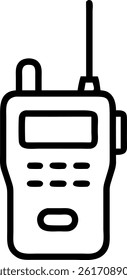 A simple black outline drawing of a walkie talkie with an antenna and screen on a white background.