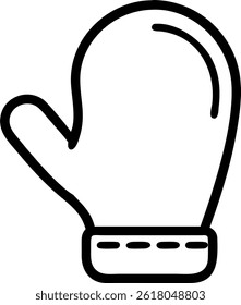 Un simple dibujo de contorno negro de una manopla de invierno con un manguito, aislado sobre un fondo blanco limpio aquí.