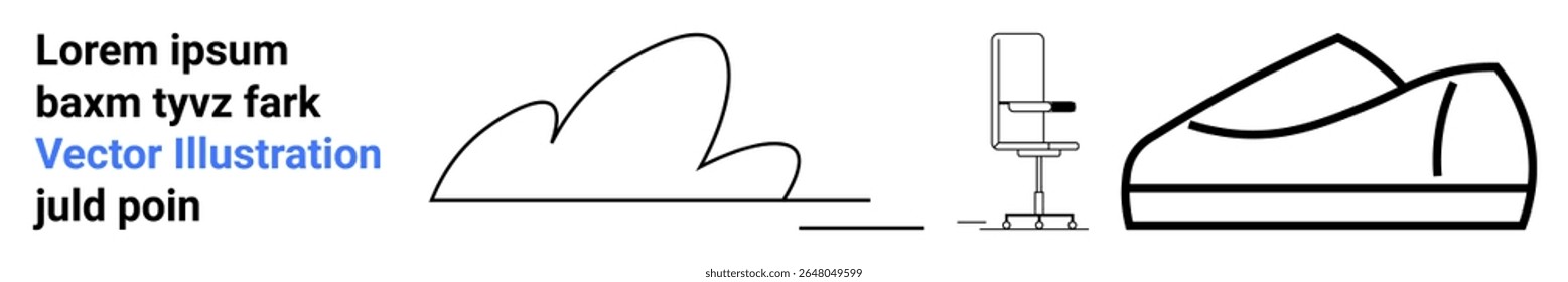 Simple black outline drawings of a cloud, an office chair, and a sofa alongside placeholder text. Ideal for websites, graphic design, templates, office themes, furniture, modern aesthetics