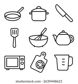 Simple black outline drawings of nine kitchen appliances on a plain white background.