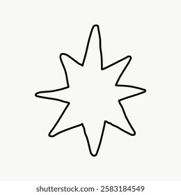 Simple black outline of an eight-pointed star on a plain white background. Minimalist star design with eight points. Star shape in black outline, eight-pointed. Aesthetic vector illustration.