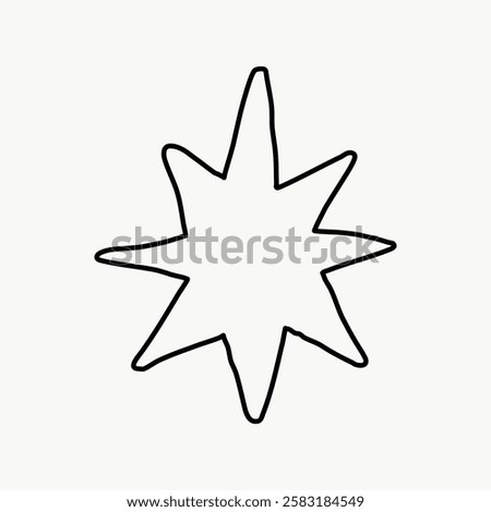 Simple black outline of an eight-pointed star on a plain white background. Minimalist star design with eight points. Star shape in black outline, eight-pointed. Aesthetic vector illustration.