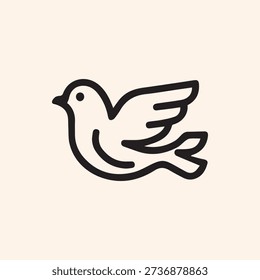 A simple black outline of a flying dove on a cream background. This minimalist icon represents peace, hope, love, and spirituality.