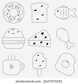 Simples contorno preto ícone de comida com uma rosquinha, torrada, peixe, hambúrguer, queijo, baqueta, xícara de café, picolé e ovo frito em um fundo claro.