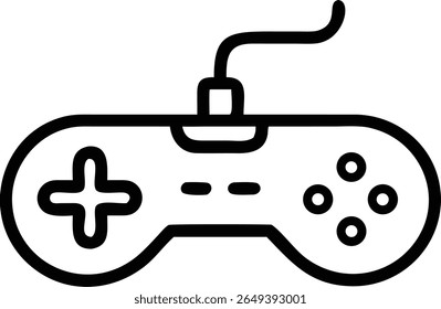 Um contorno preto simples de um controlador de jogo com botões e cabo, isolado em uma vista de fundo branca.