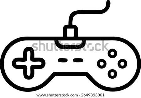 A simple black outline of a game controller with buttons and cable, isolated on a white background view.