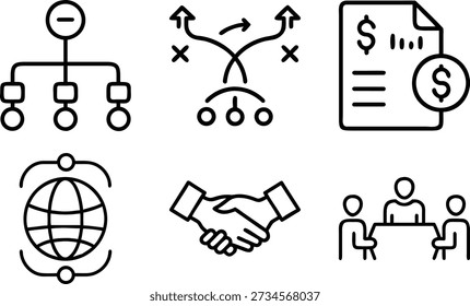 A simple, black outline of a globe with a curved line underneath, symbolizing global corporate networks and connectivity.