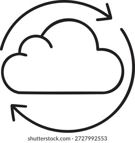 Un simple gráfico de contorno negro sobre un fondo blanco que indica la tecnología de almacenamiento en la nube. Las flechas del Vector también son contornos negros y indican un movimiento continuo alrededor de la nube.