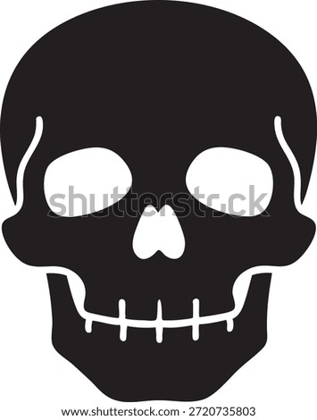 Simple black outline of a grinning skull with bold eyes and teeth, ideal for pirate designs, danger warnings, and edgy branding projects