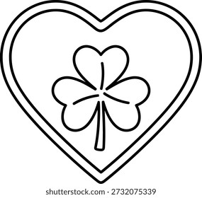 Un simple contorno negro de una forma de corazón que contiene un trébol de cuatro hojas, simbolizando el amor y la buena suerte.