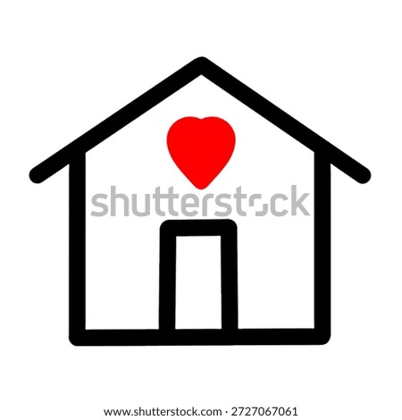 A simple black outline of a house featuring a bright red heart in the center. This minimalist icon represents a home filled with love, warmth, and a welcoming atmosphere for all.