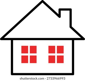 Casa de contorno negro simple con ventanas cuadradas rojas