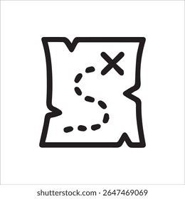 Simple black outline icon of an ancient treasure map with a dotted path leading to a marked X ideal for adventure mystery and discovery themes.