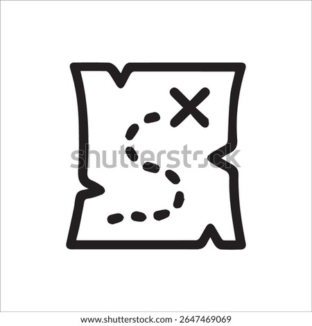 Simple black outline icon of an ancient treasure map with a dotted path leading to a marked X ideal for adventure mystery and discovery themes.