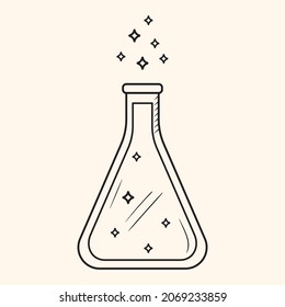 Simple black outline icon of beaker with fizzy liquid. Symbol of science and chemistry. Chemical experiment doodle. Vector illustration of flask. Pharmacology, microbiology, biochemistry element