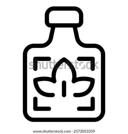 Simple black outline icon of a bottle containing cbd oil, featuring a prominent leaf symbol, representing natural wellness and alternative medicine