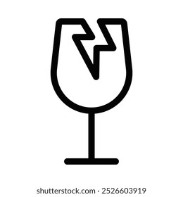 Simple black outline icon of a broken wine glass, symbolizing fragility, accidents, and caution in a minimalistic style. Editable stroke.