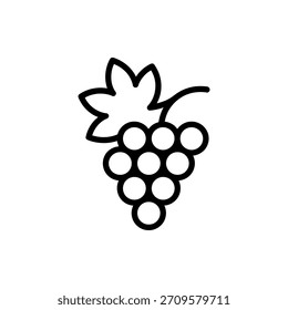Icono de contorno negro simple de un racimo de uvas con una hoja sobre un fondo blanco