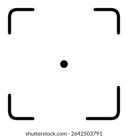 A simple black outline icon of a camera focus frame with rounded corners and a central dot. This vector-style design represents camera targeting, autofocus, or scanning features.