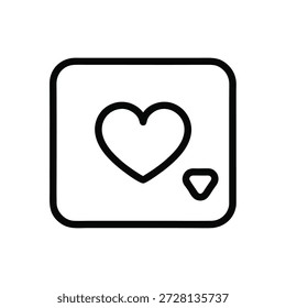 A simple black outline icon of a camera featuring a heart symbol, ideal for photography apps and social media content creators.