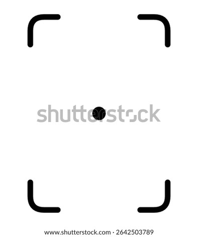 A simple black outline icon of a camera focus frame with rounded corners and a central dot. This vector-style design represents camera targeting, autofocus, or scanning features.