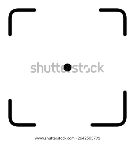 A simple black outline icon of a camera focus frame with rounded corners and a central dot. This vector-style design represents camera targeting, autofocus, or scanning features.