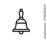 A simple black outline icon of a classic handbell. This clean vector graphic is perfect for alerts, notifications, alarms, or school-related designs.