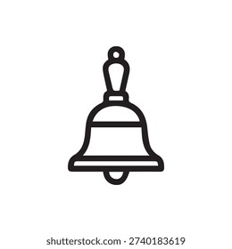 A simple black outline icon of a classic handbell. This clean vector graphic is perfect for alerts, notifications, alarms, or school-related designs.