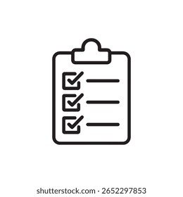 Um ícone simples com contorno preto de uma área de transferência com uma lista de verificação. Três itens são marcados com marcas de seleção, indicando conclusão ou aprovação.