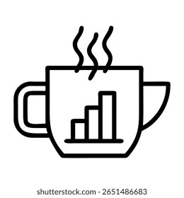Ein einfaches schwarzes Umrisssymbol einer Kaffeetasse mit einem Griff und zwei Ohren. 