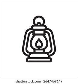 Simples ícone de contorno preto representando um tradicional lanterna de óleo ou querosene com uma chama ardente, simbolizando luz, calor e iluminação vintage, perfeito para fins de design e decoração.