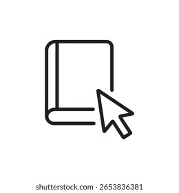 A simple black outline icon depicting an open book with a cursor arrow pointing to its pages, symbolizing digital learning or online reading.