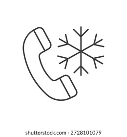 Einfaches schwarzes Umrisssymbol, das einen Telefonempfänger neben einer stilisierten Schneeflocke darstellt und eine Hotline oder einen Support-Service für Kälteprobleme, HLK-Notfälle oder winterbedingte Probleme symbolisiert.