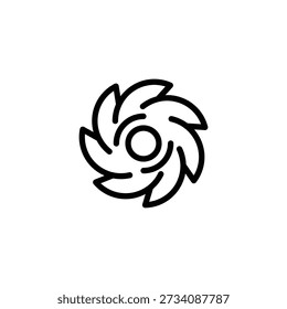 Um ícone de contorno preto simples que representa um furacão ou vórtice em rotação, simbolizando forças naturais poderosas e movimento circular.