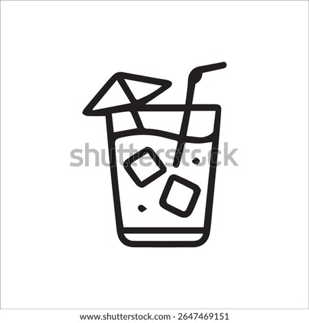 A simple black outline icon depicting a refreshing beverage in a glass, complete with ice cubes, a straw, and a decorative umbrella, perfect for summer or party themes.