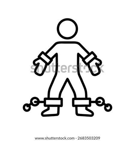 A simple black outline icon depicting a human figure with hands in cuffs and feet in shackles connected by a chain, symbolizing a lack of freedom, arrest, or imprisonment.