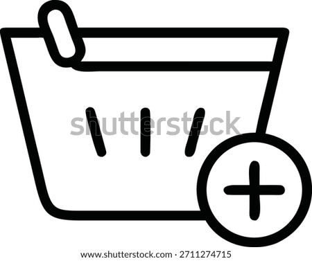 A simple, black outline icon depicting a shopping basket with a plus sign in a circle overlaid on the bottom right corner, symbolizing the action of adding an item to the cart. The entire graphic is i