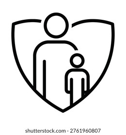 A simple black outline icon depicts an adult figure standing beside a child figure, both enclosed within a heart shape, symbolizing family, love, and protection.