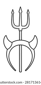 Simple black outline icon of a devil's trident and a horned headband, perfect for Halloween costumes, party invitations, spooky decorations, or infernal-themed designs. Minimalist line art graphic.