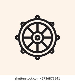 A simple black outline icon of the Dharmachakra, or Wheel of Dharma. This Buddhist symbol with eight spokes represents the Noble Eightfold Path.
