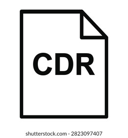 Simple black outline icon of a document file labeled with CDR text extension. Represents CorelDRAW vector graphic file format for design software and digital assets.