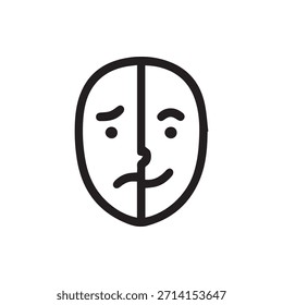 Un simple ícono de contorno negro de una cara dividida por la mitad que representa emociones contrastantes de tristeza en un lado y felicidad en el otro, perfecto para ilustrar el sentimiento o la dualidad.