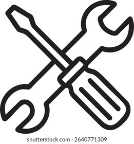 A simple, black outline icon featuring a crossed screwdriver and wrench, representing tools, repair, maintenance, or construction.