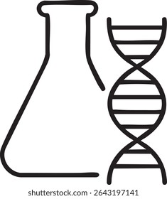A simple black outline icon featuring an Erlenmeyer flask and a DNA double helix strand, isolated on a white background.