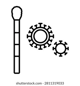 A simple black outline icon featuring a cotton swab alongside two virus particles. This symbol represents diagnostic testing, nasal sampling, and viral screening.