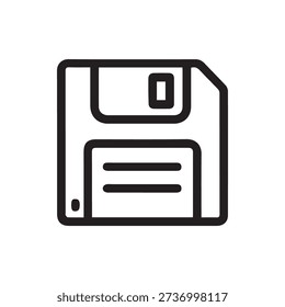 A simple black outline icon of a floppy disk on a white background. A universal symbol for saving data, files, or documents in software interfaces.