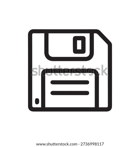A simple black outline icon of a floppy disk on a white background. A universal symbol for saving data, files, or documents in software interfaces.